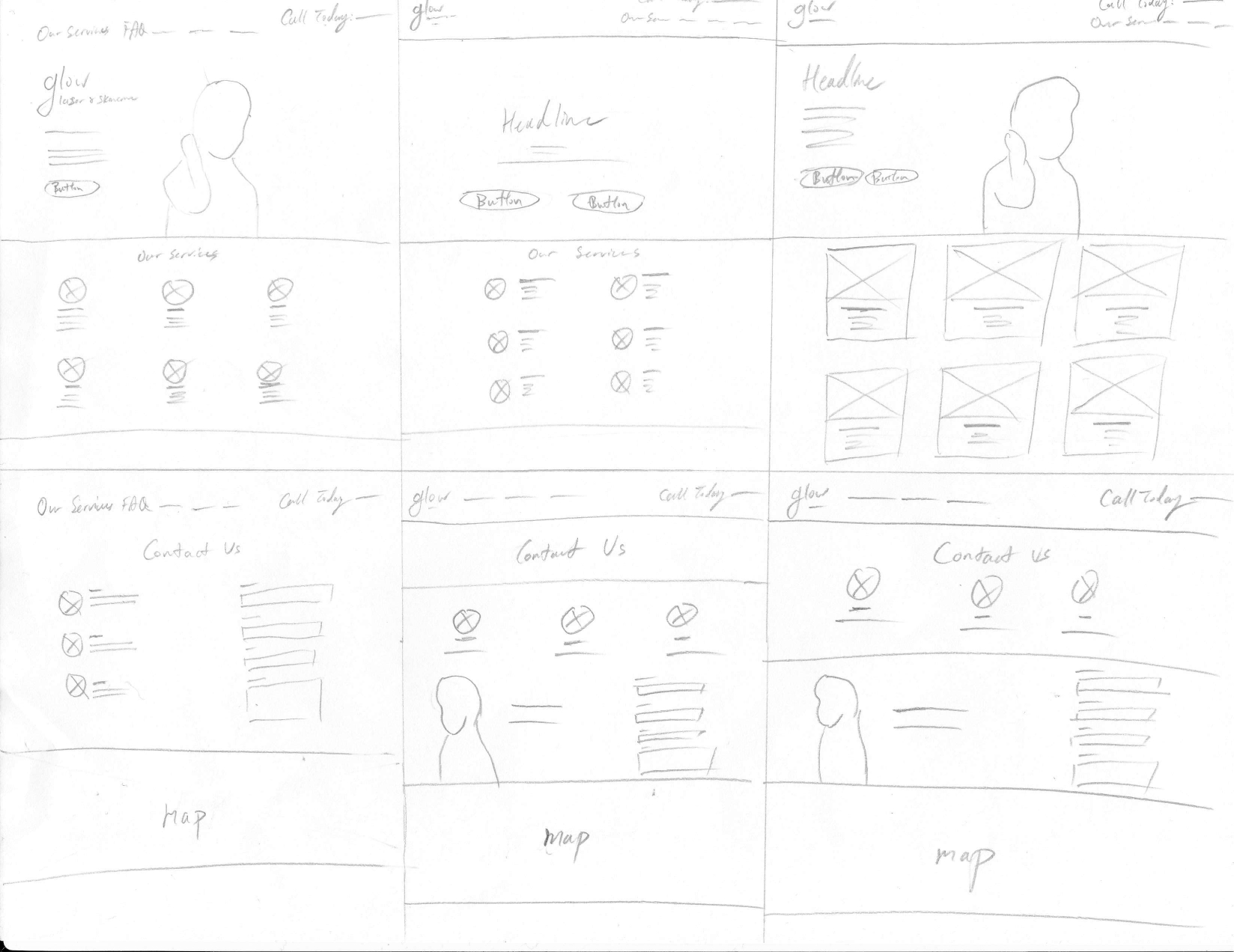 Figure 4: Lin, G. (Fall 2020). Initial sketches of the Landing page and Contact Us page. [Sketch]