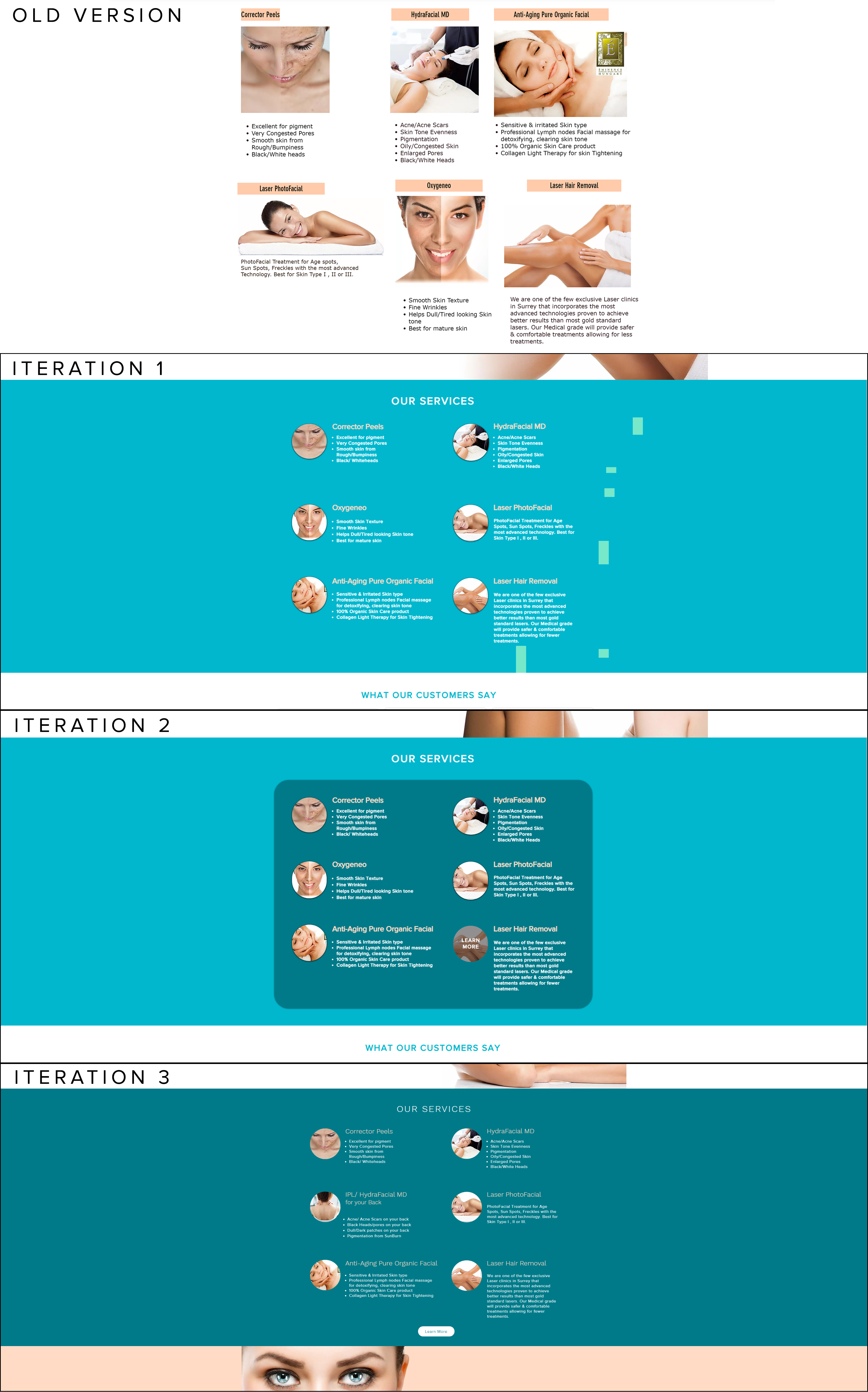 Figure 6: Lin, G. (Fall 2020). Iterations of the Our Services section on the Landing page [Edited Screenshot]