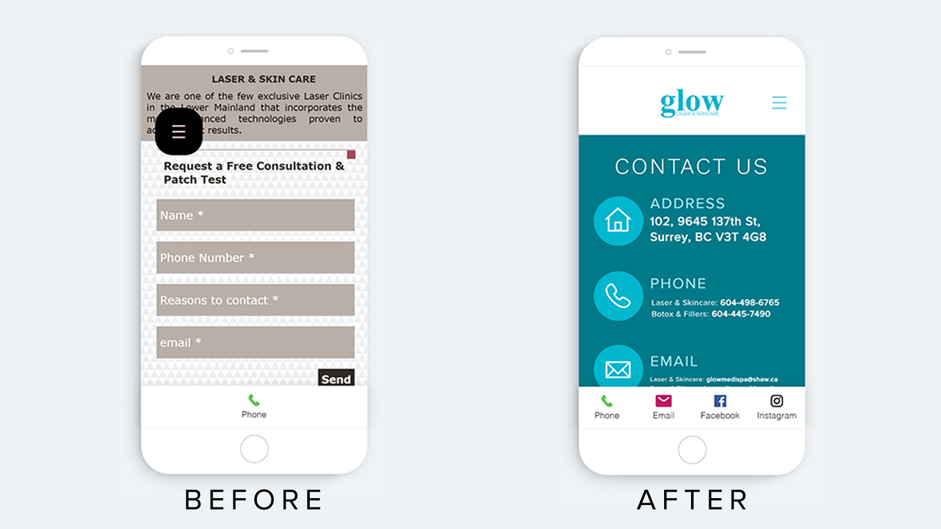 Figure 7: Lin, G. (Fall 2020). Before and after of Glow Laser & Skincare’s Contact Us page in mobile version [Edited Screenshot]